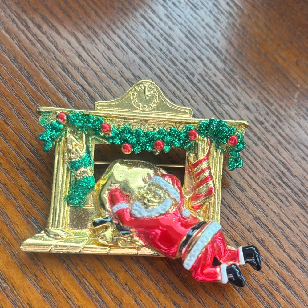 Festive Enameled Santa Fireplace Brooch